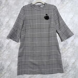 H&M Preppy Classic Gray Plaid Bell Sleeve Swan Brooch Dress US Size 12
